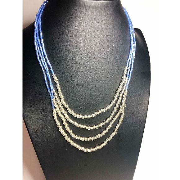 1251 SAQ AVON Champange & Blue beaded layered Necklace 17" - Picture 1 of 2